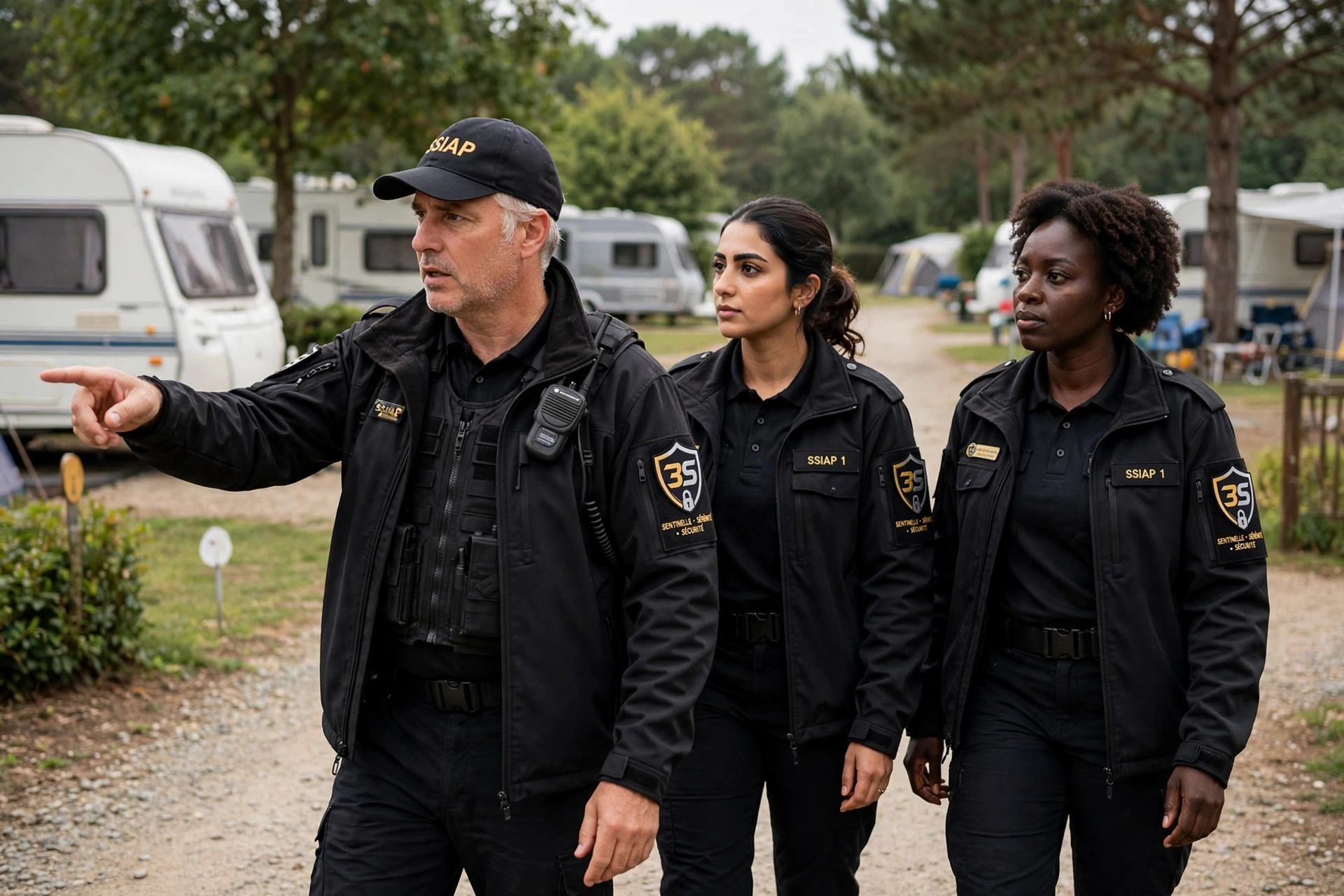 Équipe d'agents SSIAP 3S en briefing lors d'une ronde de prévention incendie dans un camping