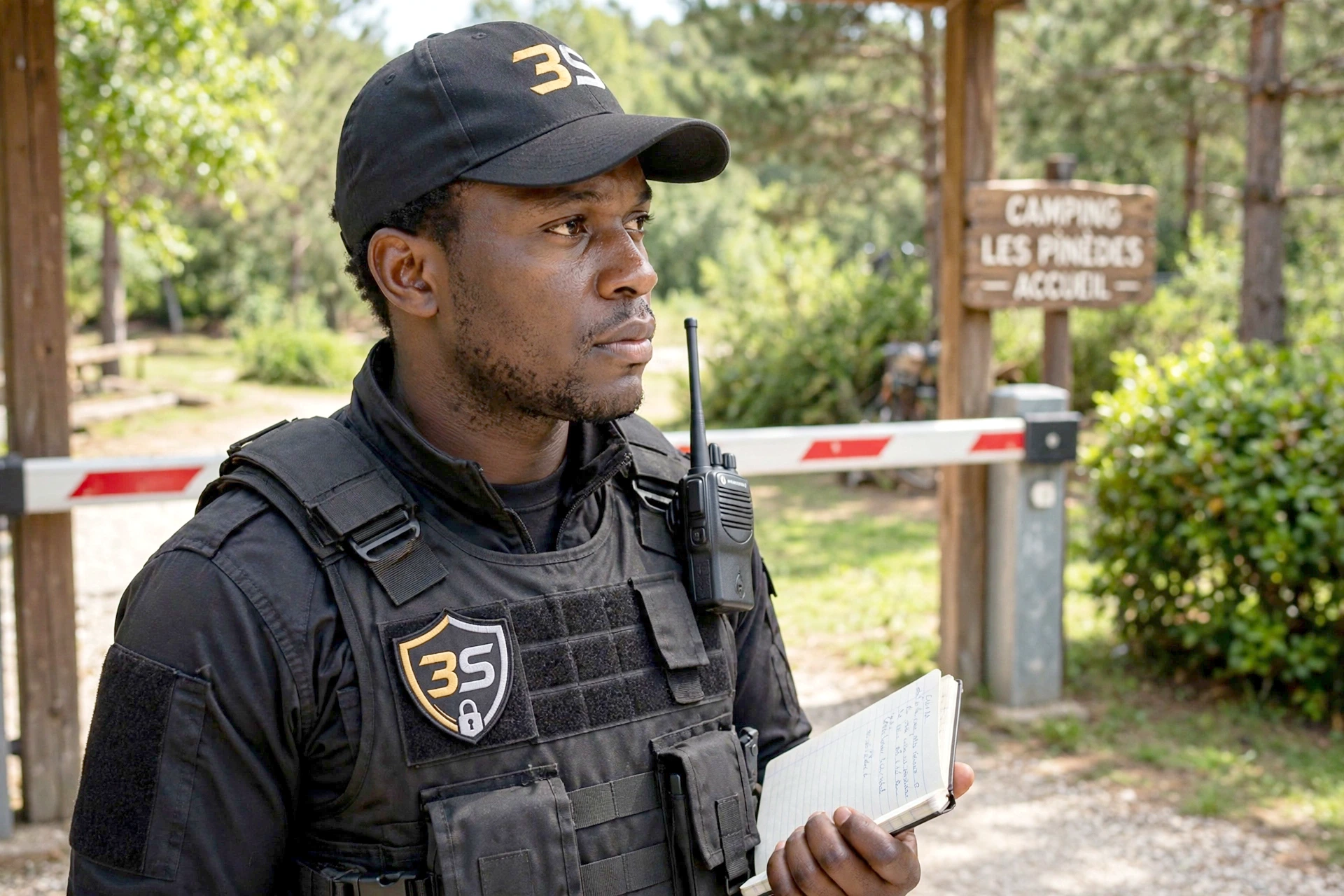 Agent de sécurité 3S au contrôle d'accès de l'entrée d'un camping