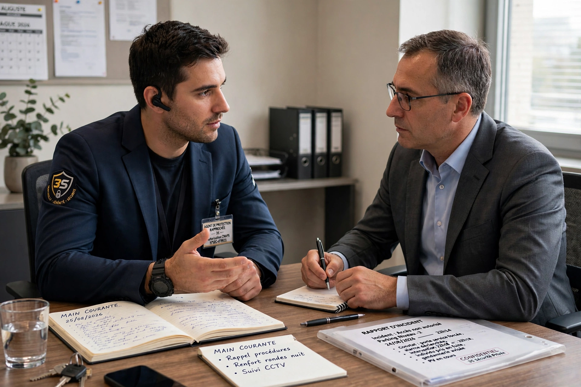 Agent de protection rapprochée 3S en briefing avec un client dans un bureau