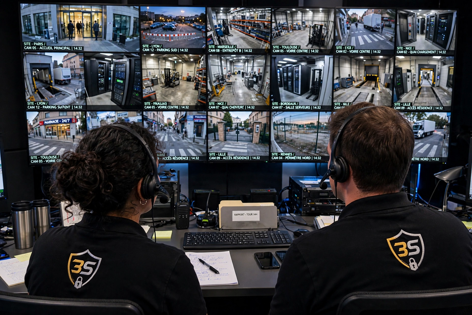 Opérateurs 3S en centre de télésurveillance devant un mur d'écrans de vidéoprotection