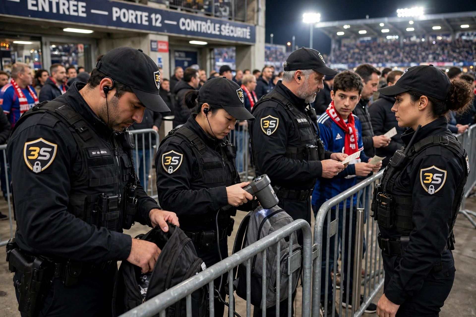 Agents 3S au contrôle des sacs à l'entrée d'un stade