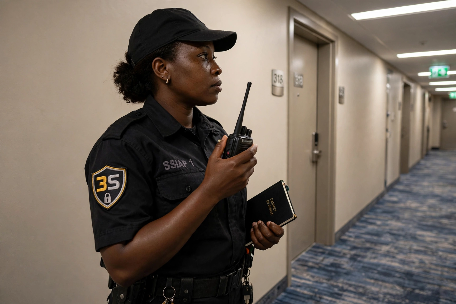 Agente SSIAP 1 de 3S en ronde dans un couloir d'hôtel avec talkie-walkie et carnet de ronde