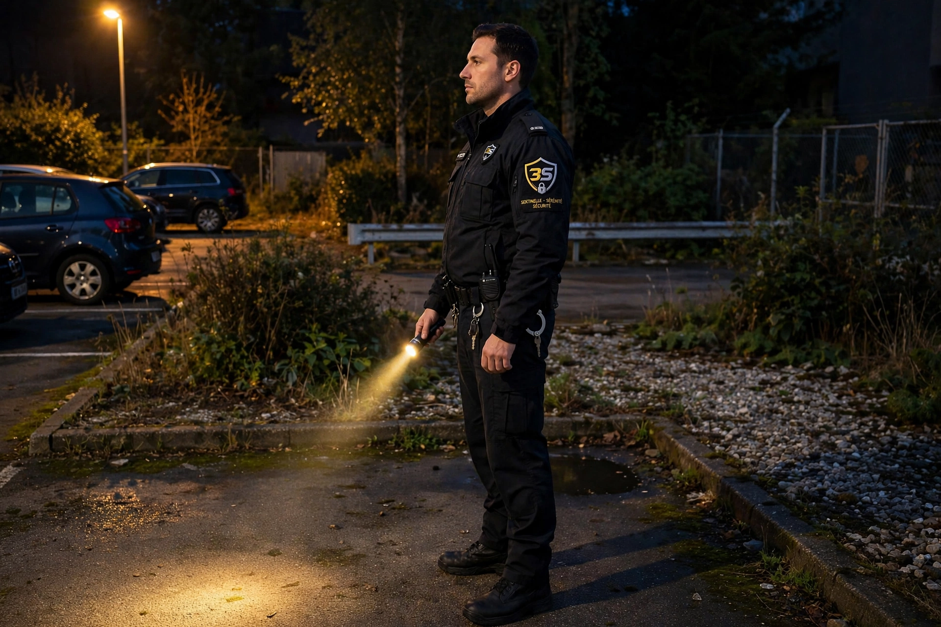 Agent de sécurité 3S en ronde de nuit sur un parking avec lampe torche