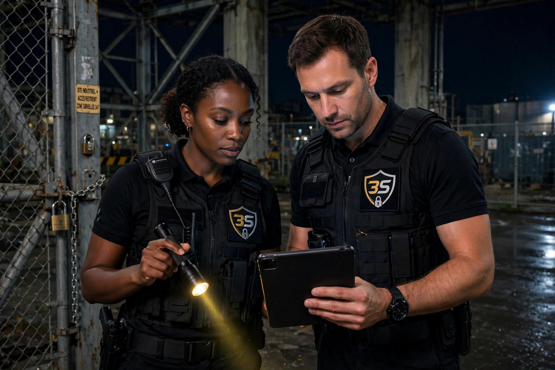 Agents 3S consultant une tablette lors d'une levée de doute nocturne sur un site industriel