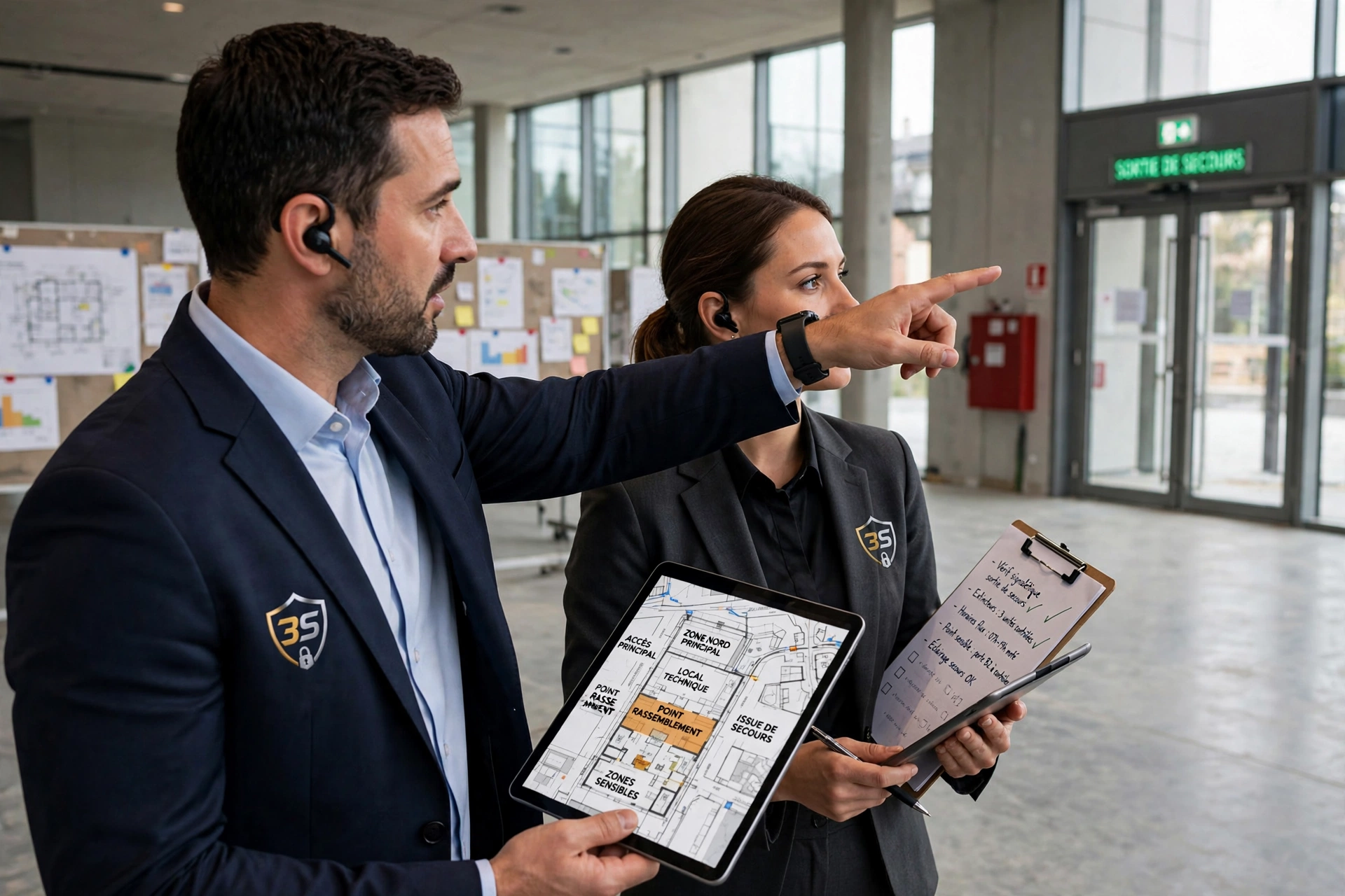 Agents 3S réalisant une évaluation des risques sur site avec plan et check-list