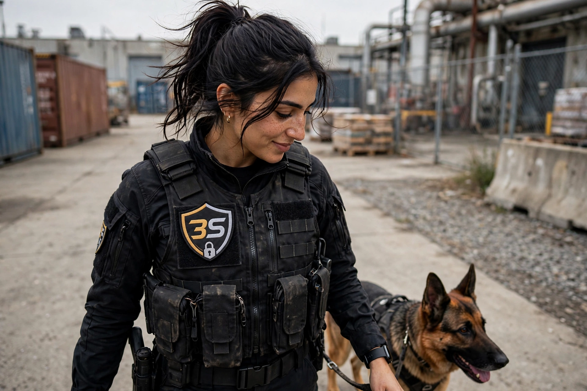 Agente de sécurité 3S en patrouille avec un chien sur un site industriel