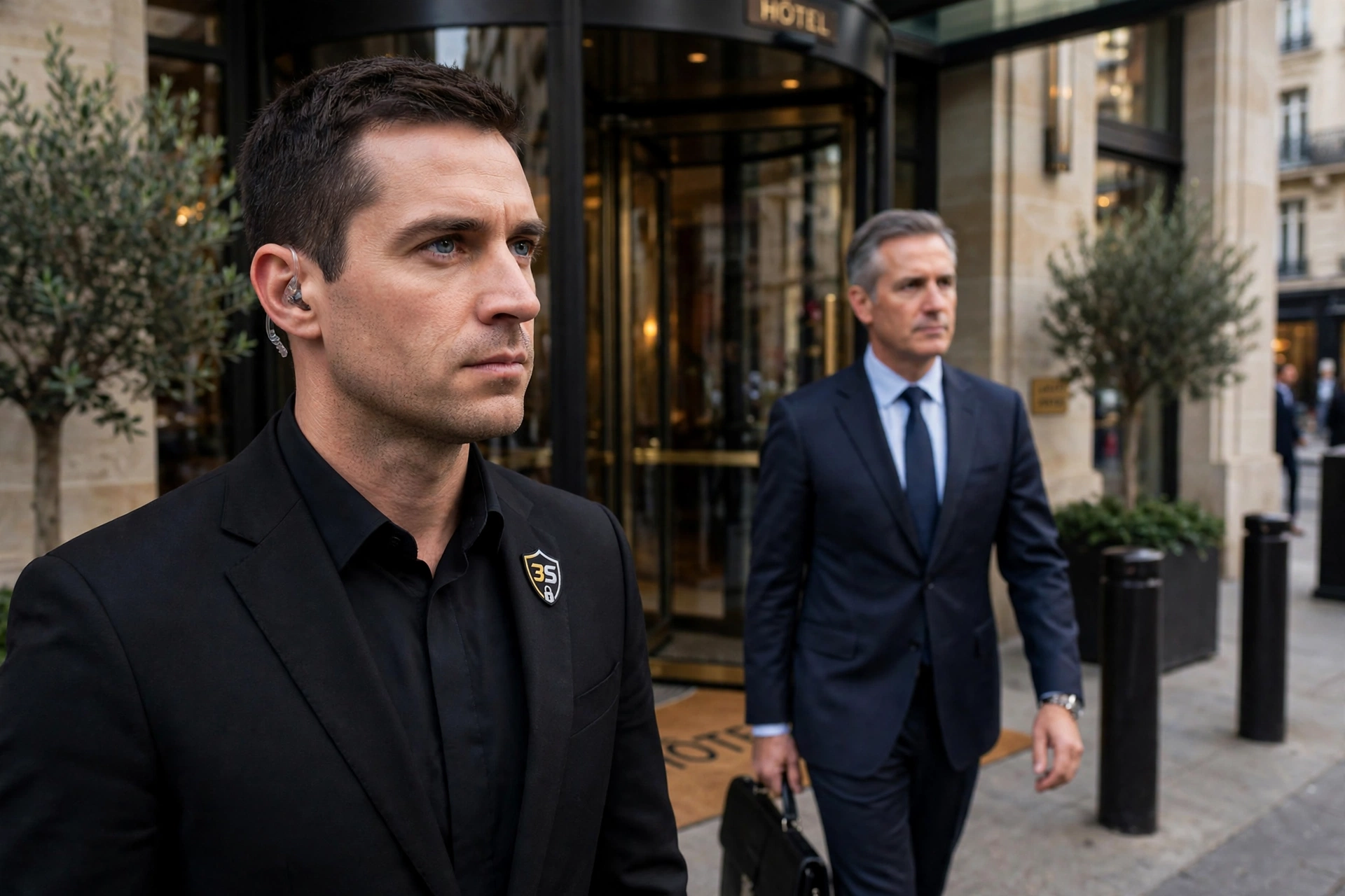 Agent de protection rapprochée 3S escortant un dirigeant à la sortie d'un hôtel