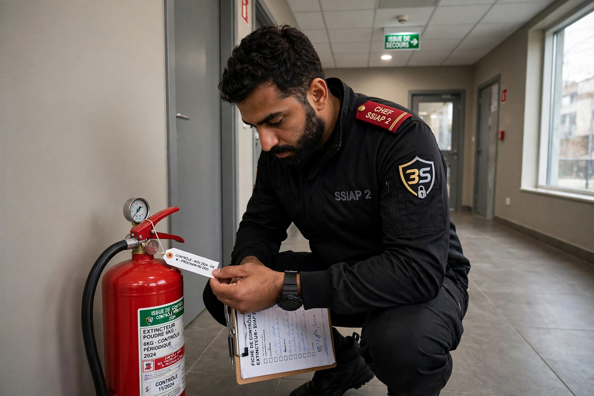 Chef d'équipe SSIAP 2 de 3S contrôlant un extincteur dans un établissement recevant du public