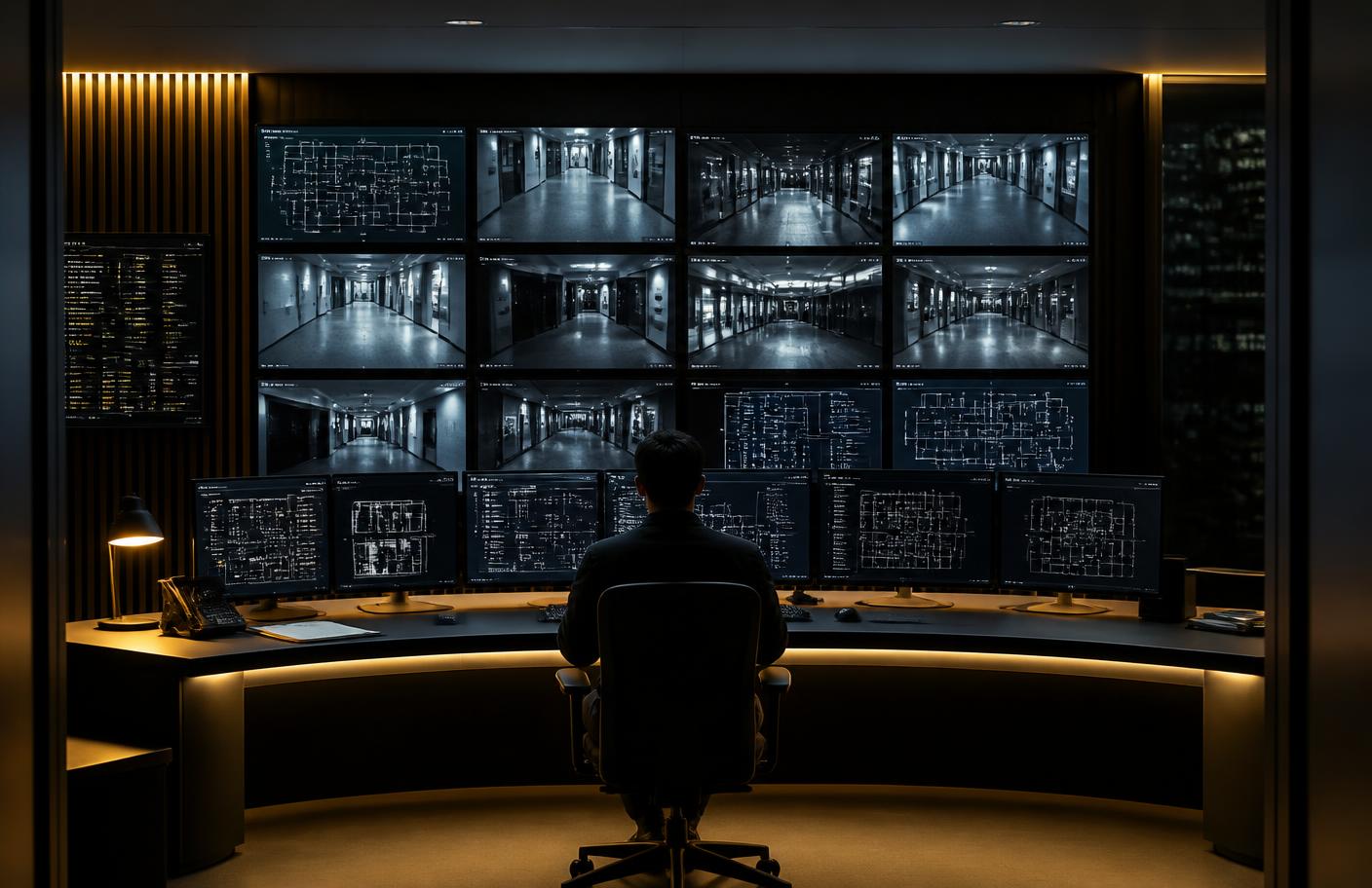 Poste de supervision de sécurité avec écrans de vidéosurveillance