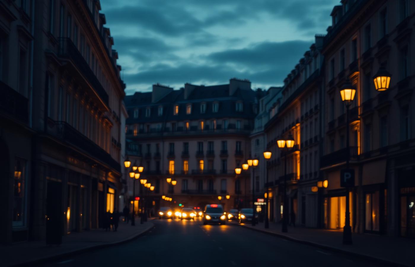 Rue parisienne au crépuscule éclairée par des lampadaires